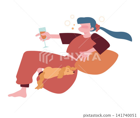A woman in a good mood, slightly tipsy, enjoying a relaxing time at home with her dog. A woman in a good mood, slightly tipsy, enjoying a relaxing time at home with her dog. 141740051