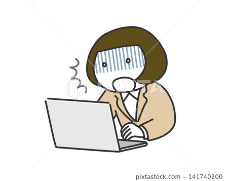 一位身穿西裝（圓臉）的女士臉色蒼白地坐在電腦前。 141740200