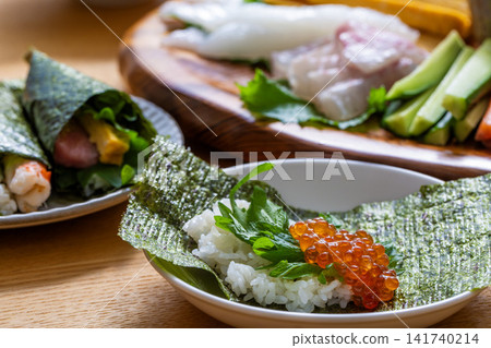 Japanese food, salmon roe in rolled sushi Japanese food, salmon roe in rolled sushi 141740214