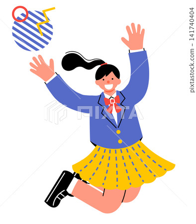 A pop and colorful illustration of a female student jumping with joy 141740404