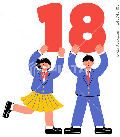 一幅色彩鮮豔的流行插畫,描繪了一位女生和一位男生舉著數字“18” 一幅色彩鮮豔的流行插畫,描繪了一位女生和一位男生舉著數字“18” 141740409