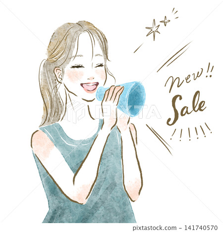 Illustration of a woman using a megaphone to advertise a sale; Summer sale event 141740570