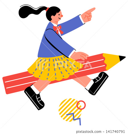 一幅色彩鮮豔的流行插圖，描繪的是一名女學生站在一支大鉛筆上，指向前方 141740791