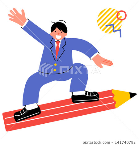 一個流行且色彩鮮豔的插圖，描繪了一個男學生像衝浪一樣騎著一支大鉛筆 141740792