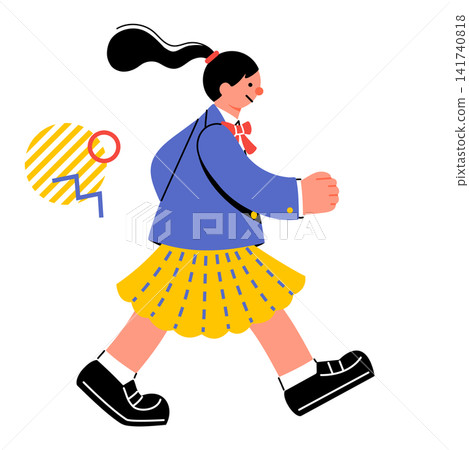 充滿活力行走的女學生的流行且色彩鮮豔的插圖 充滿活力行走的女學生的流行且色彩鮮豔的插圖 141740818