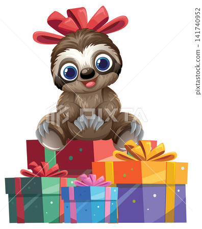 Adorable Vector Sloth Character Sitting on a Pile of Birthday Presents Adorable Vector Sloth Character Sitting on a Pile of Birthday Presents 141740952