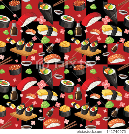 Seamless Sushi Pattern with Nigiri Maki and Temaki on Checkered Background Seamless Sushi Pattern with Nigiri Maki and Temaki on Checkered Background 141740973