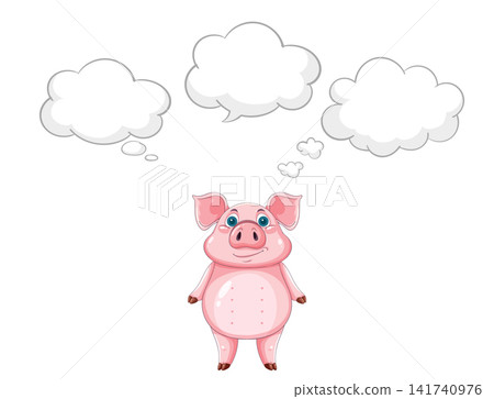 Cartoon Pink Pig Character Thinking with Three Empty Thought Bubbles Cartoon Pink Pig Character Thinking with Three Empty Thought Bubbles 141740976