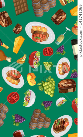 Seamless Vector Pattern of Italian Food and Wine on Green Background Seamless Vector Pattern of Italian Food and Wine on Green Background 141741069