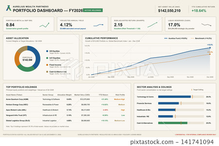 Financial Investment Portfolio Dashboard with Asset Allocation and Performance Charts Financial Investment Portfolio Dashboard with Asset Allocation and Performance Charts 141741094