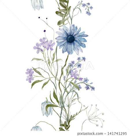 Vertical Banner watercolor illustration with violet wildflower botanical. Seamless border with hand drawn illustration phlox, cornflower, fritillary, echinacea, daisy, chamomile on isolated background Vertical Banner watercolor illustration with violet wildflower botanical. Seamless border with hand drawn illustration phlox, cornflower, fritillary, echinacea, daisy, chamomile on isolated background 141741295