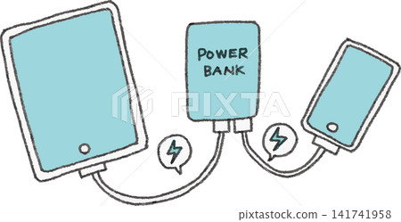 使用行動電源為平板電腦和智慧型手機充電的插圖(2色,簡潔,向量圖) 使用行動電源為平板電腦和智慧型手機充電的插圖(2色,簡潔,向量圖) 141741958