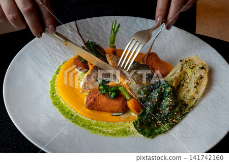 Gourmet Fish Plate Served in Upscale Restaurant Gourmet Fish Plate Served in Upscale Restaurant 141742160