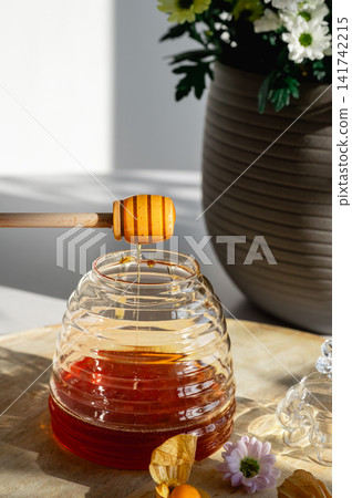 Glass Honey Jar with Dipper and Summer Blooms 141742215
