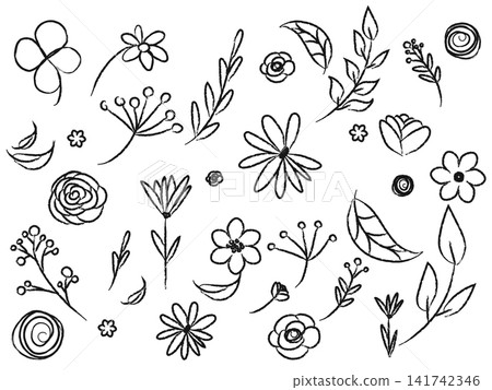 Set of simple doodles of flowers, hand drawn branches, leaves 141742346