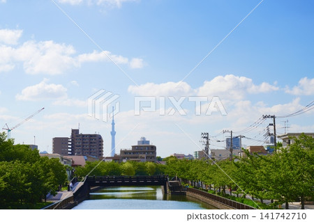 The Tokyo Skytree and a beautiful blue sky as seen from a bridge over the river. The Tokyo Skytree and a beautiful blue sky as seen from a bridge over the river. 141742710