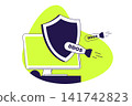 DDoS attack modern flat concept for web banner design. Hacker attacks and overload network traffic with bombs, safety shield system trying to protect. Illustration with isolated people scene. 141742823