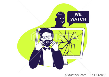 Cyber crime modern flat concept for web banner design. Man suffers from hacker attacks, surveillance threats and loss of personal data or accounts. Illustration with isolated people scene. Cyber crime modern flat concept for web banner design. Man suffers from hacker attacks, surveillance threats and loss of personal data or accounts. Illustration with isolated people scene. 141742838