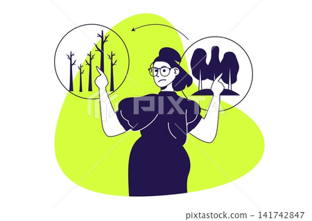 Climate change modern flat concept for web banner design. Woman taking care about ecosystem disasters, forest drought and global warming problems. Illustration with isolated people scene. Climate change modern flat concept for web banner design. Woman taking care about ecosystem disasters, forest drought and global warming problems. Illustration with isolated people scene. 141742847