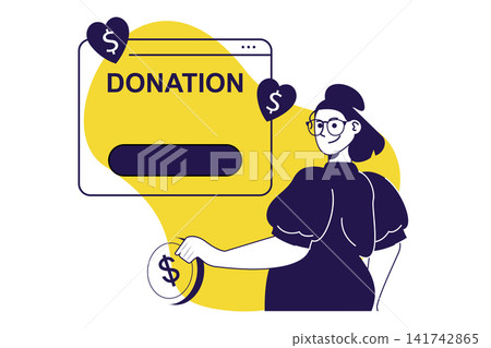 Charity donation modern flat concept for web banner design. Woman sending money in online humanitarian foundation or volunteer helping organization. Illustration with isolated people scene. Charity donation modern flat concept for web banner design. Woman sending money in online humanitarian foundation or volunteer helping organization. Illustration with isolated people scene. 141742865