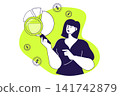 Business and finance modern flat concept for web banner design. Woman analyzing financial data at diagram, creating earning strategy, investing money. Illustration with isolated people scene. 141742879