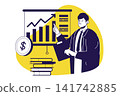 Business and finance modern flat concept for web banner design. Man analyzing financial data, making report with graphs and charts at presentation. Illustration with isolated people scene. 141742885