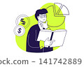 Business and finance modern flat concept for web banner design. Man making financial analysis, learning financial literacy for project improvements. Illustration with isolated people scene. 141742889