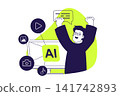 AI technology modern flat concept for web banner design. Man working and using virtual artificial intelligence assistant for digital content generate. Illustration with isolated people scene. 141742893