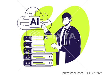 AI data center modern flat concept for web banner design. Man making data analysis and using artificial intelligence technology for cloud computing. Illustration with isolated people scene. AI data center modern flat concept for web banner design. Man making data analysis and using artificial intelligence technology for cloud computing. Illustration with isolated people scene. 141742924