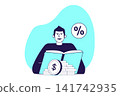 Accounting modern flat concept for web banner design. Man analyzing earning profit, bookkeeping and planning balance, gaining financial literacy. Illustration with isolated people scene. 141742935