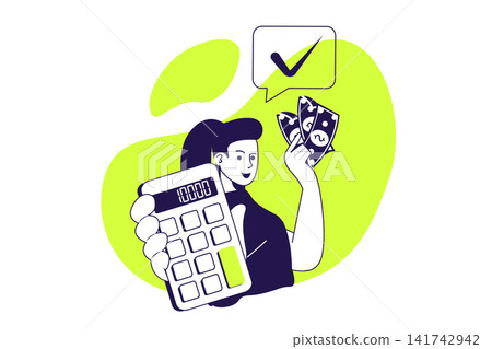 Accounting modern flat concept for web banner design. Woman calculating earning and inspecting financial balance, investing money, using banking. Illustration with isolated people scene. Accounting modern flat concept for web banner design. Woman calculating earning and inspecting financial balance, investing money, using banking. Illustration with isolated people scene. 141742942