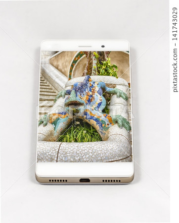 Smartphone Displaying Gaudi Mosaic Dragon Fountain in Park Guell Smartphone Displaying Gaudi Mosaic Dragon Fountain in Park Guell 141743029