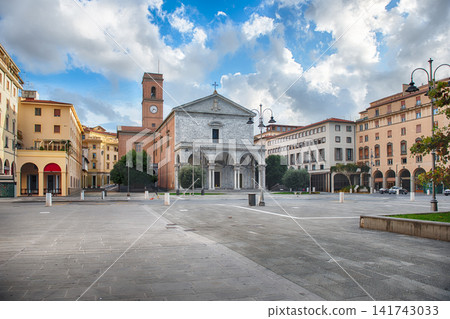 Grand facade of Livorno Cathedral with arches and columns, Italy Grand facade of Livorno Cathedral with arches and columns, Italy 141743033