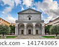Grand facade of Livorno Cathedral with arches and columns, Italy 141743065