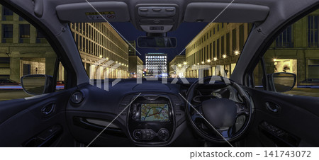 View from car dashboard on Rome's EUR district at night View from car dashboard on Rome's EUR district at night 141743072