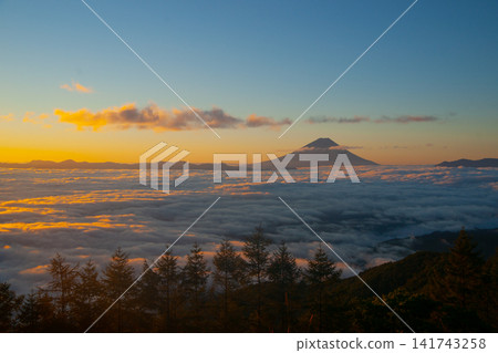 A view of Mount Fuji and a sea of clouds from Mount Amari, at sunrise. A view of Mount Fuji and a sea of clouds from Mount Amari, at sunrise. 141743258