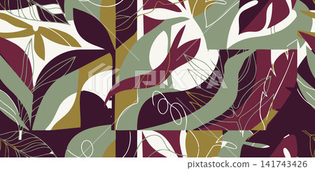 Vector modern abstract seamless pattern with tropical leaves, line art foliage, and geometric shapes in burgundy, sage green, mustard, and white. Vector modern abstract seamless pattern with tropical leaves, line art foliage, and geometric shapes in burgundy, sage green, mustard, and white. 141743426