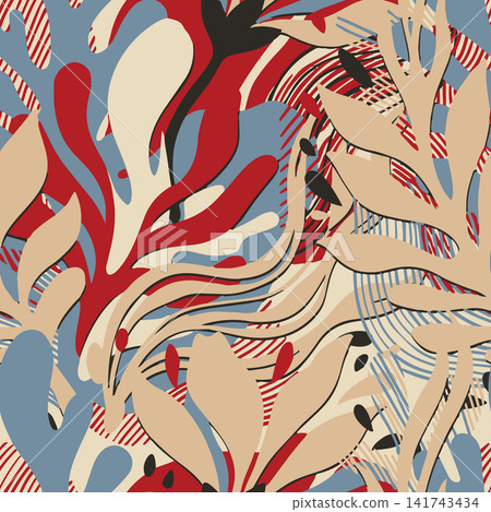 Vector modern abstract seamless pattern with cutout foliage, coral leaves, line art, and geometric accents in red, blue, cream, and beige colors. Vector modern abstract seamless pattern with cutout foliage, coral leaves, line art, and geometric accents in red, blue, cream, and beige colors. 141743434