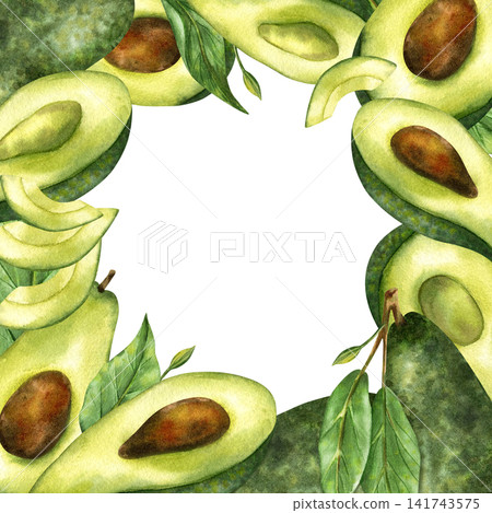 Watercolor avocado square frame card with copy space. Hand painted isolated illustration, template. Whole avocados, cut halves with pits, green leaves. For food design, branding, packaging Watercolor avocado square frame card with copy space. Hand painted isolated illustration, template. Whole avocados, cut halves with pits, green leaves. For food design, branding, packaging 141743575