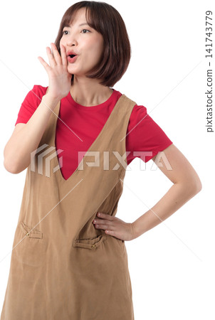 Excited asian woman shouting whispering secret message dynamic posture isolated transparency background red shirt brown pinafore dress Excited asian woman shouting whispering secret message dynamic posture isolated transparency background red shirt brown pinafore dress 141743779