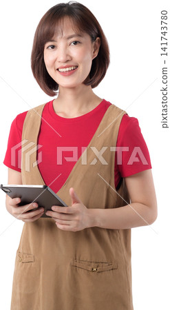 Happy cheerful asian woman holding digital tablet computer isolated clean transparency background showing joyful positive emotion studio Happy cheerful asian woman holding digital tablet computer isolated clean transparency background showing joyful positive emotion studio 141743780