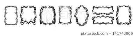 Halloween autumn thorn frame, spooky season spike border, dark branch wreath silhouette vector set. Halloween autumn thorn frame, spooky season spike border, dark branch wreath silhouette vector set. 141743909