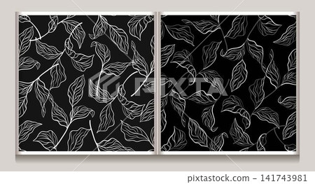 Linear pattern with sprigs with leaves on black Linear pattern with sprigs with leaves on black 141743981