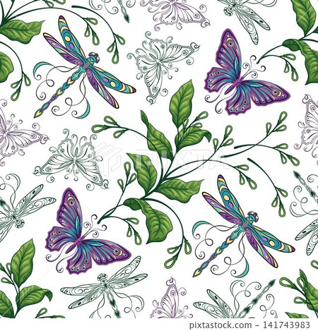 Pattern with dragonflies, butterflies, leaves Pattern with dragonflies, butterflies, leaves 141743983