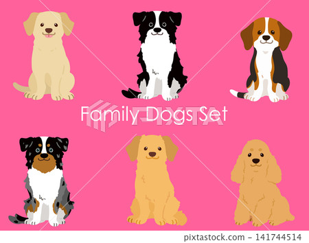 一組獵犬和家犬的插圖,它們都面向前方坐著,沒有輪廓線。 一組獵犬和家犬的插圖,它們都面向前方坐著,沒有輪廓線。 141744514
