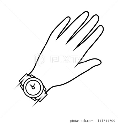 Line female hand with watch. Stylized linear illustration. Image for jewelry shop. Line female hand with watch. Stylized linear illustration. Image for jewelry shop. 141744709