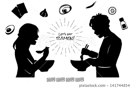 A set of silhouettes of a man and woman eating ramen and ramen ingredients. A set of silhouettes of a man and woman eating ramen and ramen ingredients. 141744854
