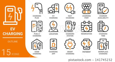 ev charging outline icon set,15 vector icons ev charging outline icon set,15 vector icons 141745232