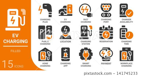 ev charging filled glyph icon set,15 vector icons ev charging filled glyph icon set,15 vector icons 141745233
