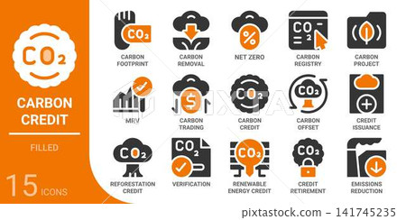 carbon credit filled glyph icon set,15 vector icons carbon credit filled glyph icon set,15 vector icons 141745235